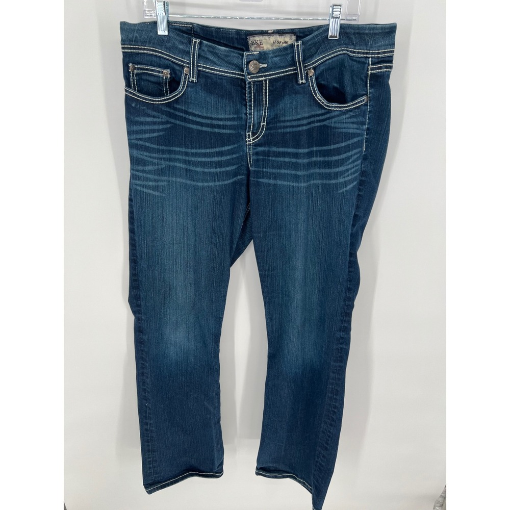 BKE Harper Bootcut Jeans Womens 33L Dark Wash Rhinestone Embellished Mid Rise